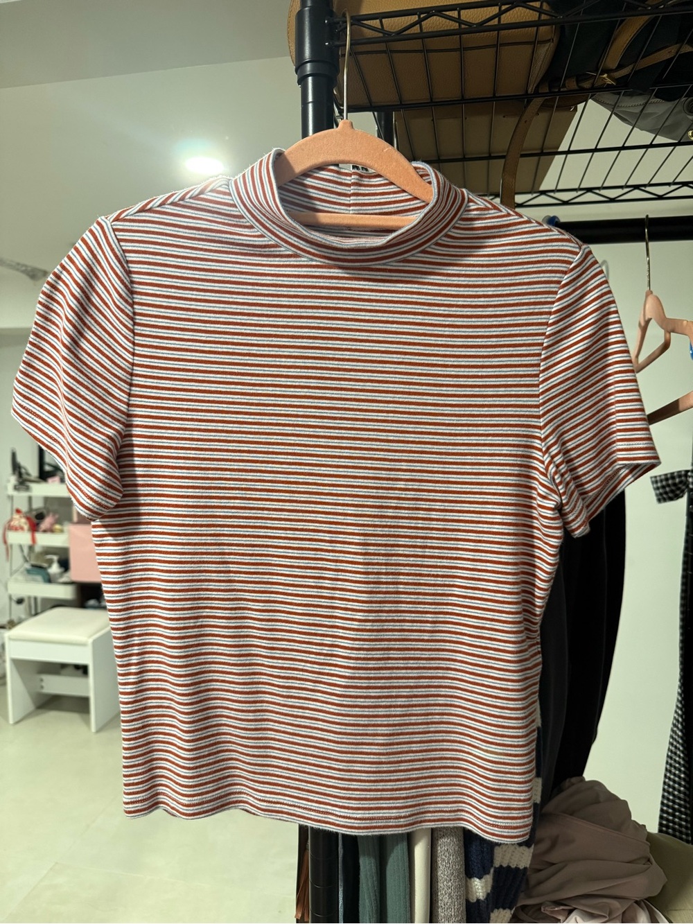 Striped Short-Sleeve Mock Neck Shirt - Rust & White